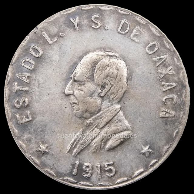 Imagen orientativa: 1 peso 1915, Estado de Oaxaca (moneda provisional, busto de Juárez)