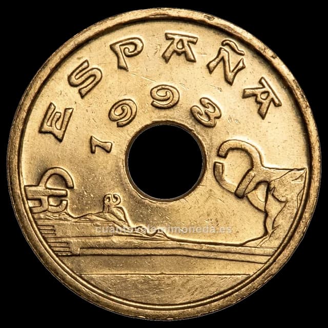 Imagen orientativa: 25 pesetas con el agujero desplazado (error, 1990-1999)