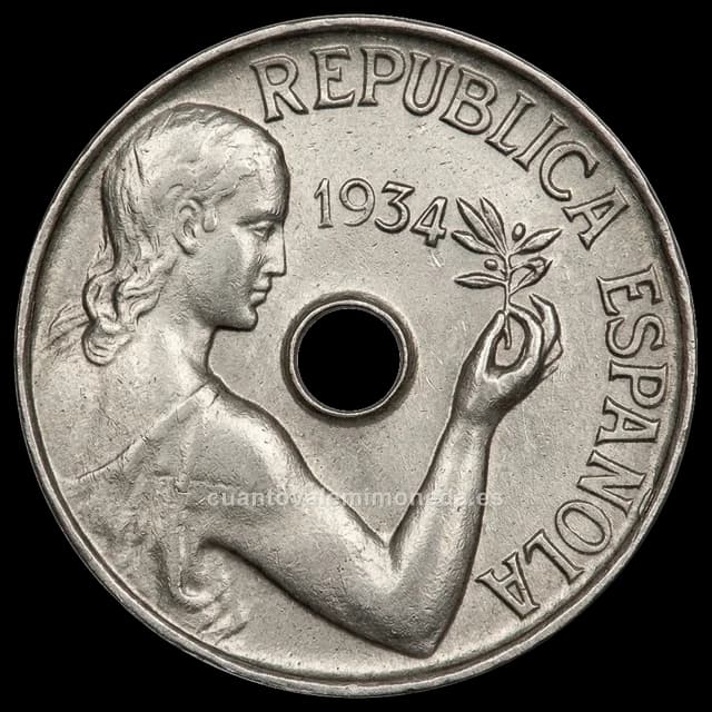 Imagen orientativa: 25 céntimos 1934 (cuproníquel, con agujero)
