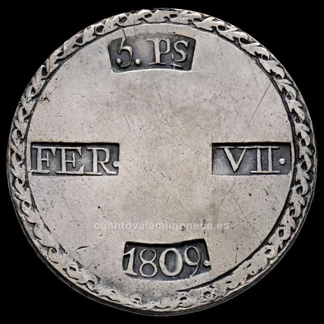 Imagen orientativa: 5 pesetas de Tarragona (Cataluña), moneda de necesidad de Fernando VII (1809)