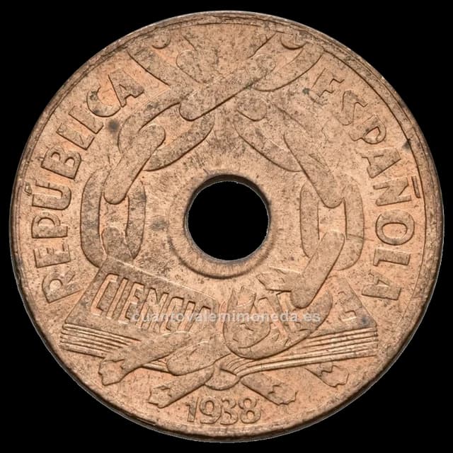 Imagen orientativa: 25 céntimos 1938 (cobre), II República, con agujero