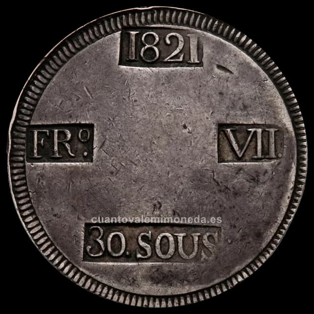 Imagen orientativa: 30 sous (5 pesetas) de Mallorca, Fernando VII (1821-1823)
